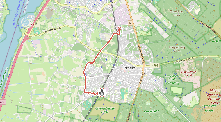 Kaart van de omgeving van de melding, met de kazerne die is gealarmeerd
