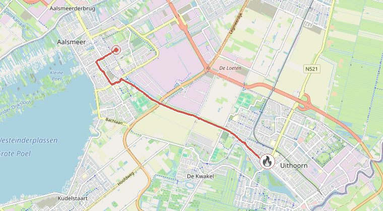 Kaart van de omgeving van de melding, met de kazerne die is gealarmeerd