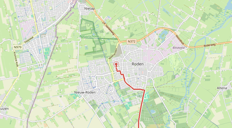 Kaart van de omgeving van de melding, met de kazerne die is gealarmeerd