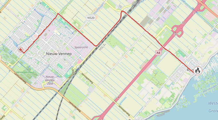 Kaart van de omgeving van de melding, met de kazerne die is gealarmeerd
