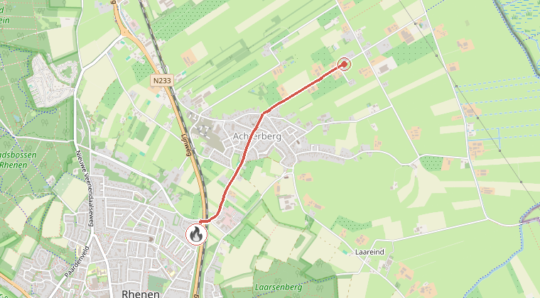 Kaart van de omgeving van de melding, met de kazerne die is gealarmeerd