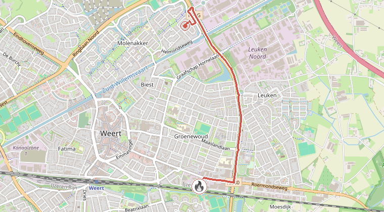Kaart van de omgeving van de melding, met de kazerne die is gealarmeerd