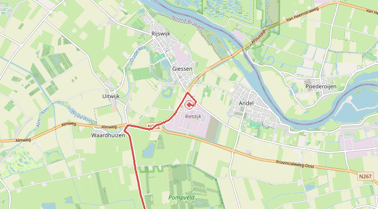 Kaart van de omgeving van de melding, met de kazerne die is gealarmeerd