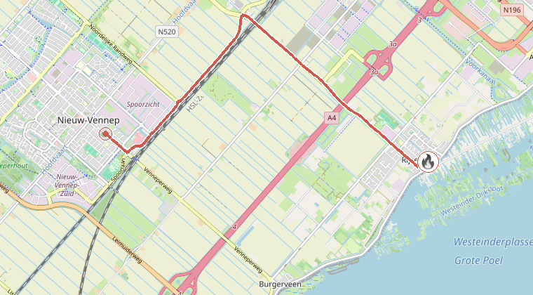 Kaart van de omgeving van de melding, met de kazerne die is gealarmeerd