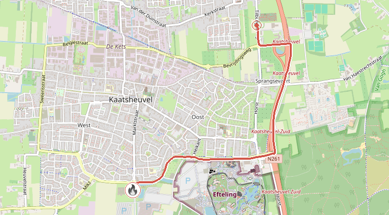 Kaart van de omgeving van de melding, met de kazerne die is gealarmeerd