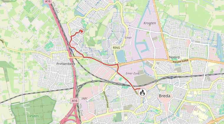 Kaart van de omgeving van de melding, met de kazerne die is gealarmeerd