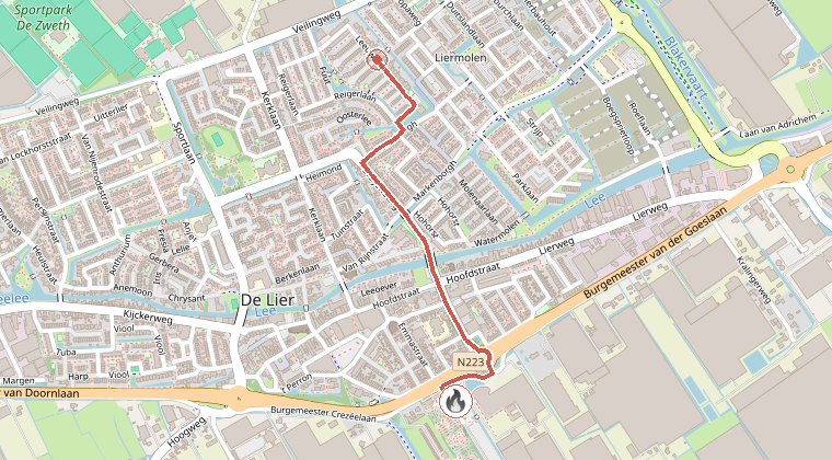 Kaart van de omgeving van de melding, met de kazerne die is gealarmeerd