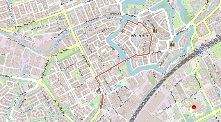 Kaart van de omgeving van de melding, met de kazerne die is gealarmeerd