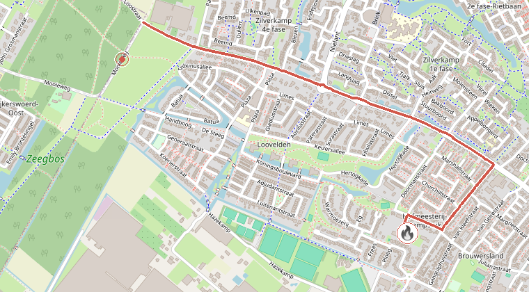 Kaart van de omgeving van de melding, met de kazerne die is gealarmeerd