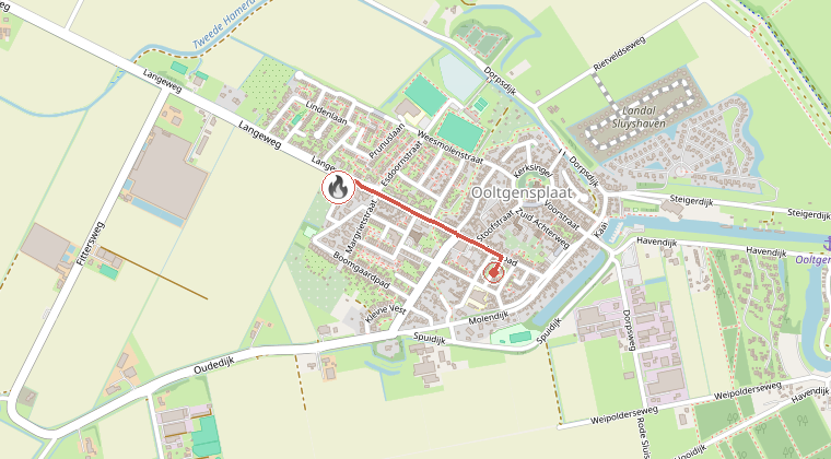 Kaart van de omgeving van de melding, met de kazerne die is gealarmeerd