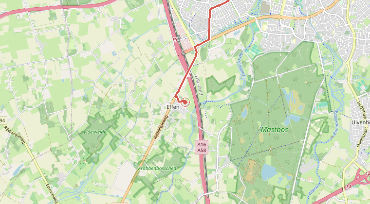 Kaart van de omgeving van de melding, met de kazerne die is gealarmeerd