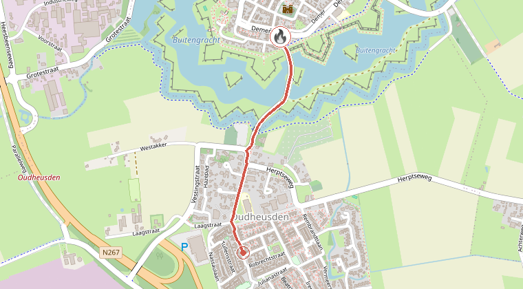 Kaart van de omgeving van de melding, met de kazerne die is gealarmeerd