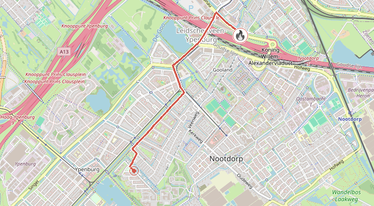 Kaart van de omgeving van de melding, met de kazerne die is gealarmeerd