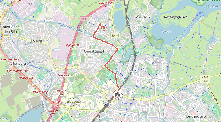 Kaart van de omgeving van de melding, met de kazerne die is gealarmeerd