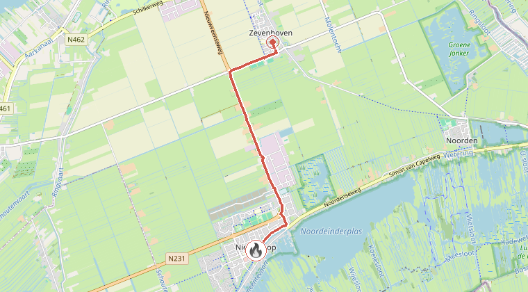 Kaart van de omgeving van de melding, met de kazerne die is gealarmeerd
