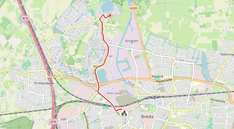 Kaart van de omgeving van de melding, met de kazerne die is gealarmeerd