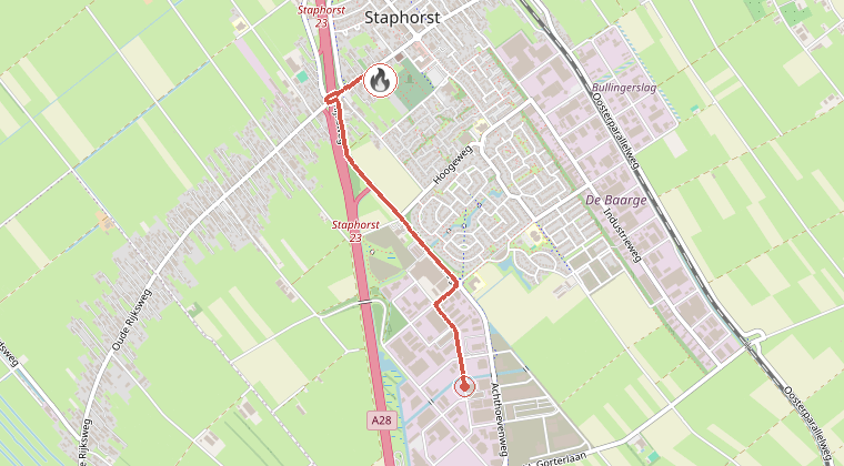 Kaart van de omgeving van de melding, met de kazerne die is gealarmeerd