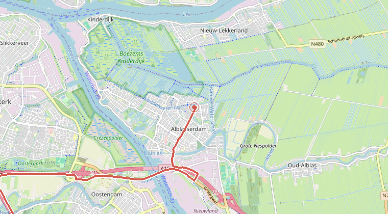 Kaart van de omgeving van de melding, met de kazerne die is gealarmeerd