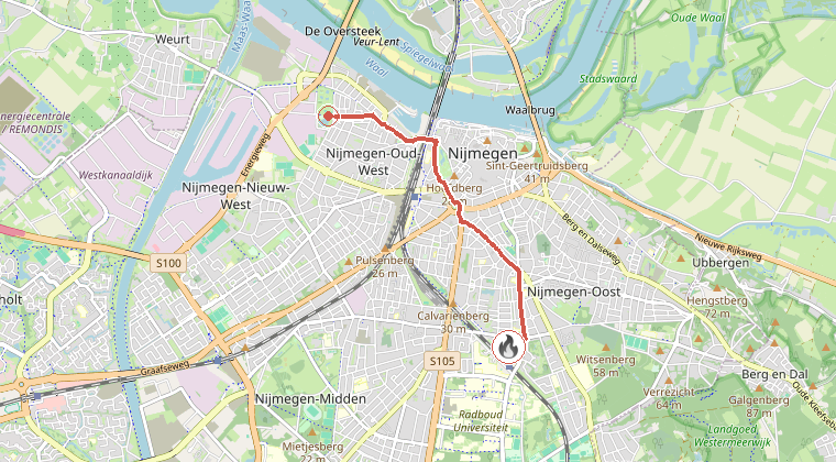 Kaart van de omgeving van de melding, met de kazerne die is gealarmeerd
