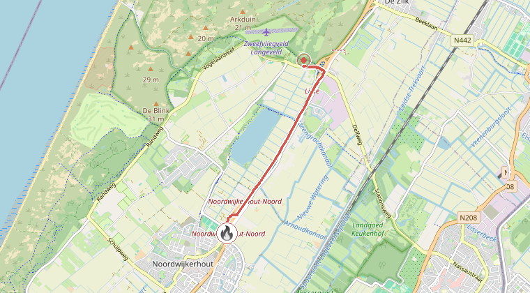 Kaart van de omgeving van de melding, met de kazerne die is gealarmeerd