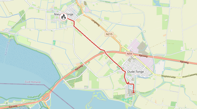 Kaart van de omgeving van de melding, met de kazerne die is gealarmeerd