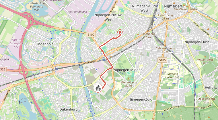 Kaart van de omgeving van de melding, met de kazerne die is gealarmeerd