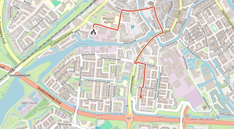 Kaart van de omgeving van de melding, met de kazerne die is gealarmeerd