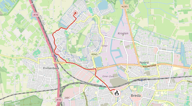 Kaart van de omgeving van de melding, met de kazerne die is gealarmeerd