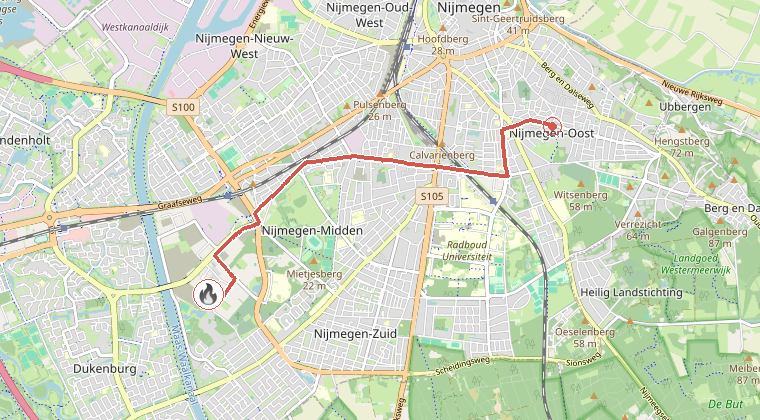 Kaart van de omgeving van de melding, met de kazerne die is gealarmeerd