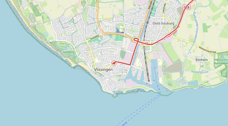 Kaart van de omgeving van de melding, met de kazerne die is gealarmeerd