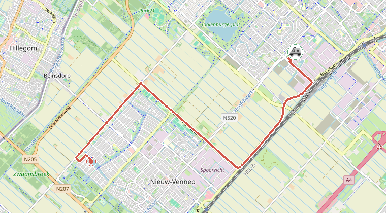 Kaart van de omgeving van de melding, met de kazerne die is gealarmeerd