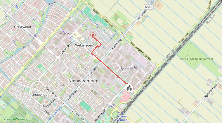 Kaart van de omgeving van de melding, met de kazerne die is gealarmeerd