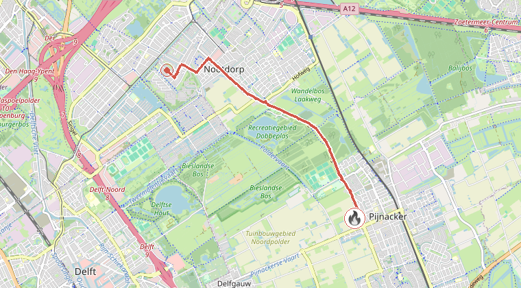 Kaart van de omgeving van de melding, met de kazerne die is gealarmeerd