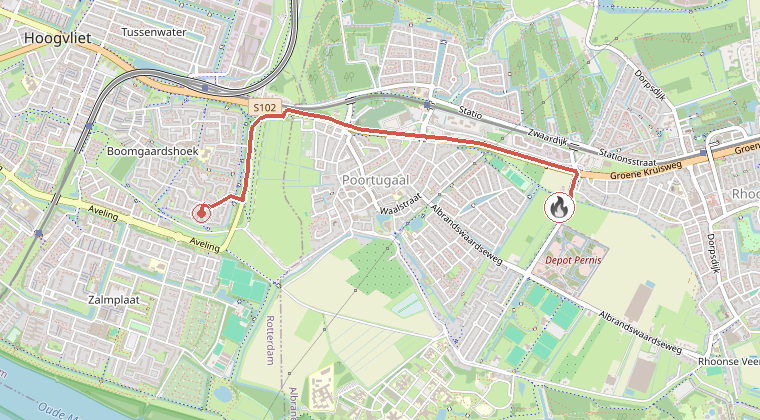 Kaart van de omgeving van de melding, met de kazerne die is gealarmeerd