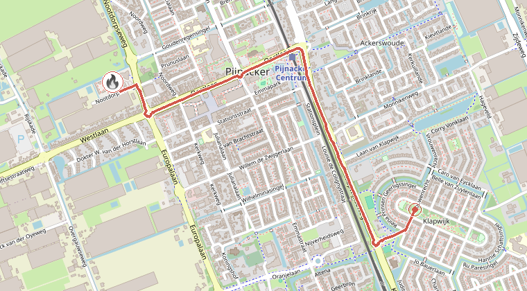 Kaart van de omgeving van de melding, met de kazerne die is gealarmeerd