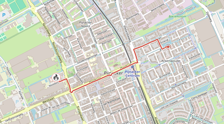 Kaart van de omgeving van de melding, met de kazerne die is gealarmeerd