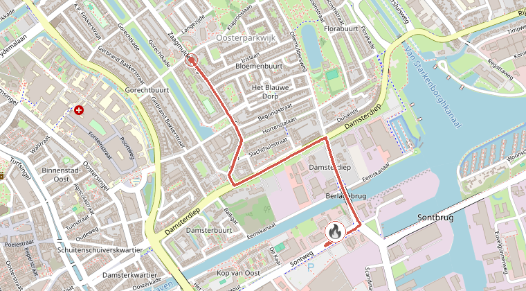 Kaart van de omgeving van de melding, met de kazerne die is gealarmeerd