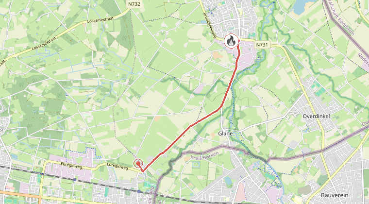 Kaart van de omgeving van de melding, met de kazerne die is gealarmeerd