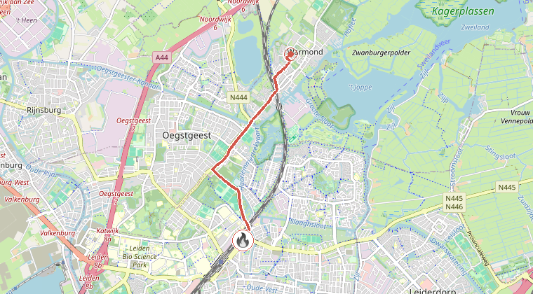 Kaart van de omgeving van de melding, met de kazerne die is gealarmeerd
