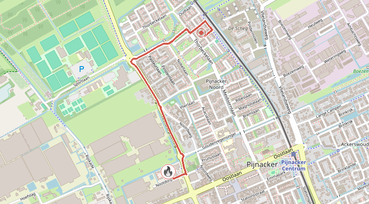 Kaart van de omgeving van de melding, met de kazerne die is gealarmeerd