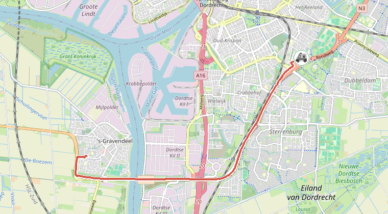 Kaart van de omgeving van de melding, met de kazerne die is gealarmeerd