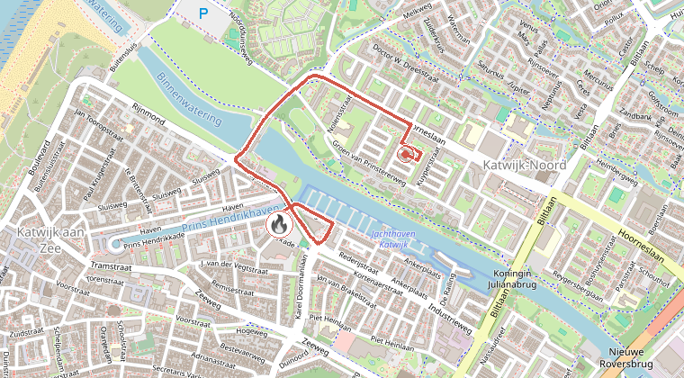 Kaart van de omgeving van de melding, met de kazerne die is gealarmeerd
