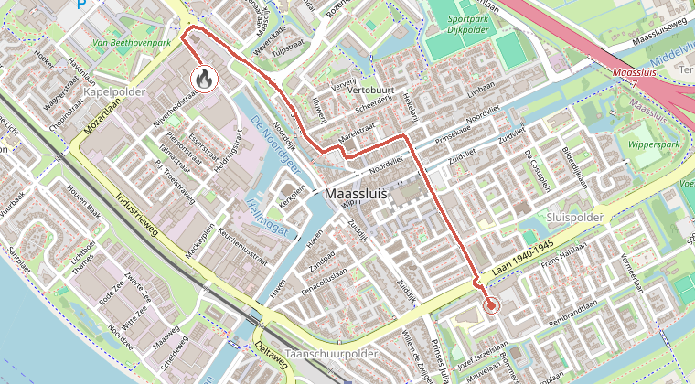 Kaart van de omgeving van de melding, met de kazerne die is gealarmeerd