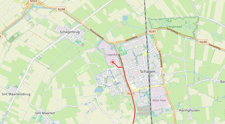 Kaart van de omgeving van de melding, met de kazerne die is gealarmeerd