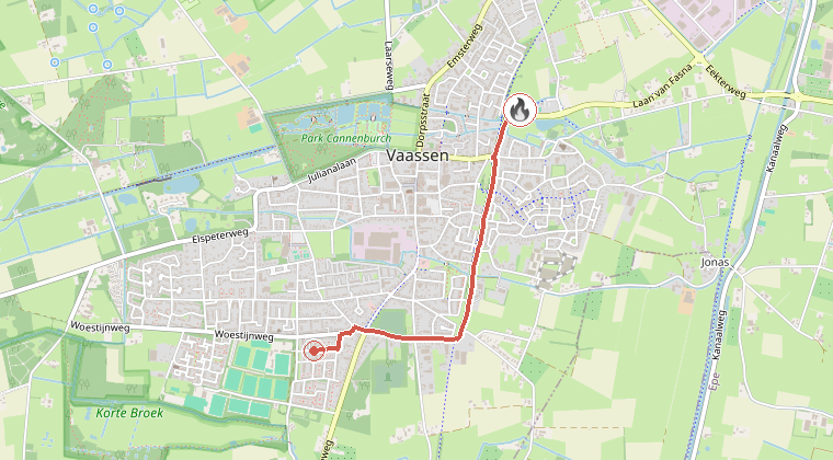 Kaart van de omgeving van de melding, met de kazerne die is gealarmeerd