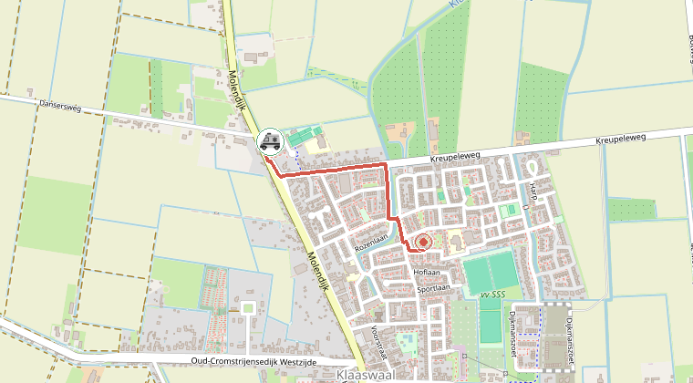Kaart van de omgeving van de melding, met de kazerne die is gealarmeerd