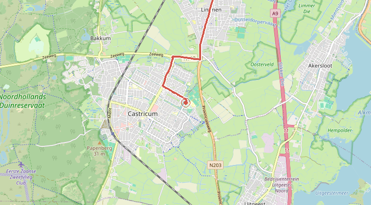 Kaart van de omgeving van de melding, met de kazerne die is gealarmeerd