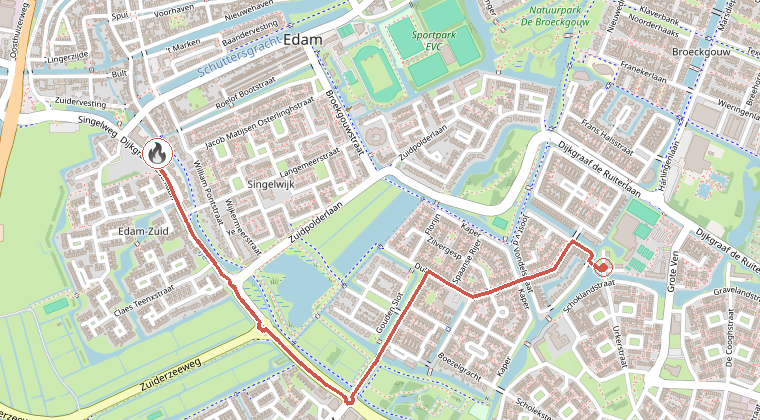 Kaart van de omgeving van de melding, met de kazerne die is gealarmeerd