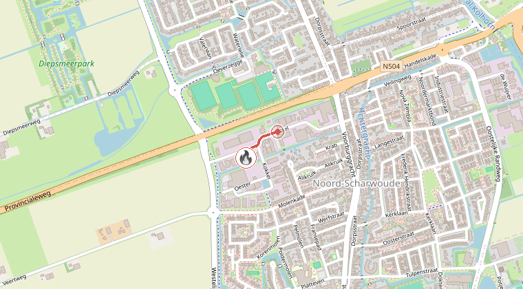 Kaart van de omgeving van de melding, met de kazerne die is gealarmeerd