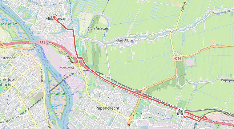 Kaart van de omgeving van de melding, met de kazerne die is gealarmeerd